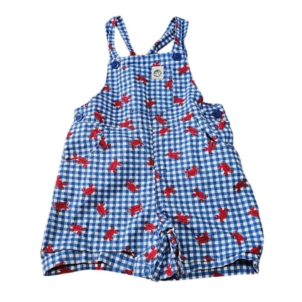 Free Planet Baby Gingham Crab Overalls Blue White Red Nautical Shortalls 12M